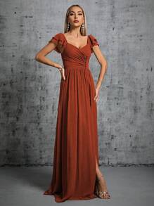 Asymmetrical Ruffle Collar & Sleeve Buttons Front Slit Bridesmaid Long Dress Elegant Dress - Burnt Orange - View 3