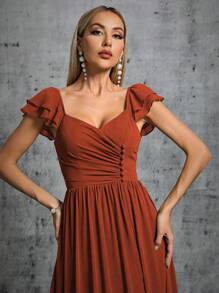 Asymmetrical Ruffle Collar & Sleeve Buttons Front Slit Bridesmaid Long Dress Elegant Dress - Burnt Orange - View 4