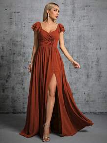 Asymmetrical Ruffle Collar & Sleeve Buttons Front Slit Bridesmaid Long Dress Elegant Dress - Burnt Orange - View 5