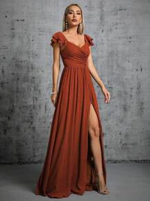 Asymmetrical Ruffle Collar & Sleeve Buttons Front Slit Bridesmaid Long Dress Elegant Dress - Burnt Orange - View 6
