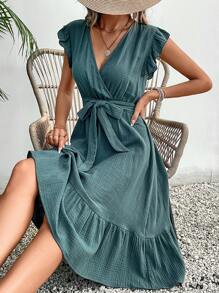 SHEIN Frenchy 素色荷葉邊繫腰帶連衣裙 - 綠色 - 查看 7