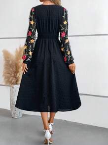 SHEIN Clasi 印花圓點泡泡袖A字連衣裙 - 黑色 - 查看 2