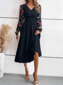 SHEIN Clasi 印花圓點泡泡袖A字連衣裙 - 黑色 - 查看 3