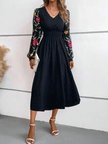 SHEIN Clasi 印花圓點泡泡袖A字連衣裙 - 黑色 - 查看 6