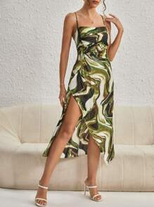 SHEIN Privé Marble Print Split Thigh Cami Dress - Multicolor - View 5