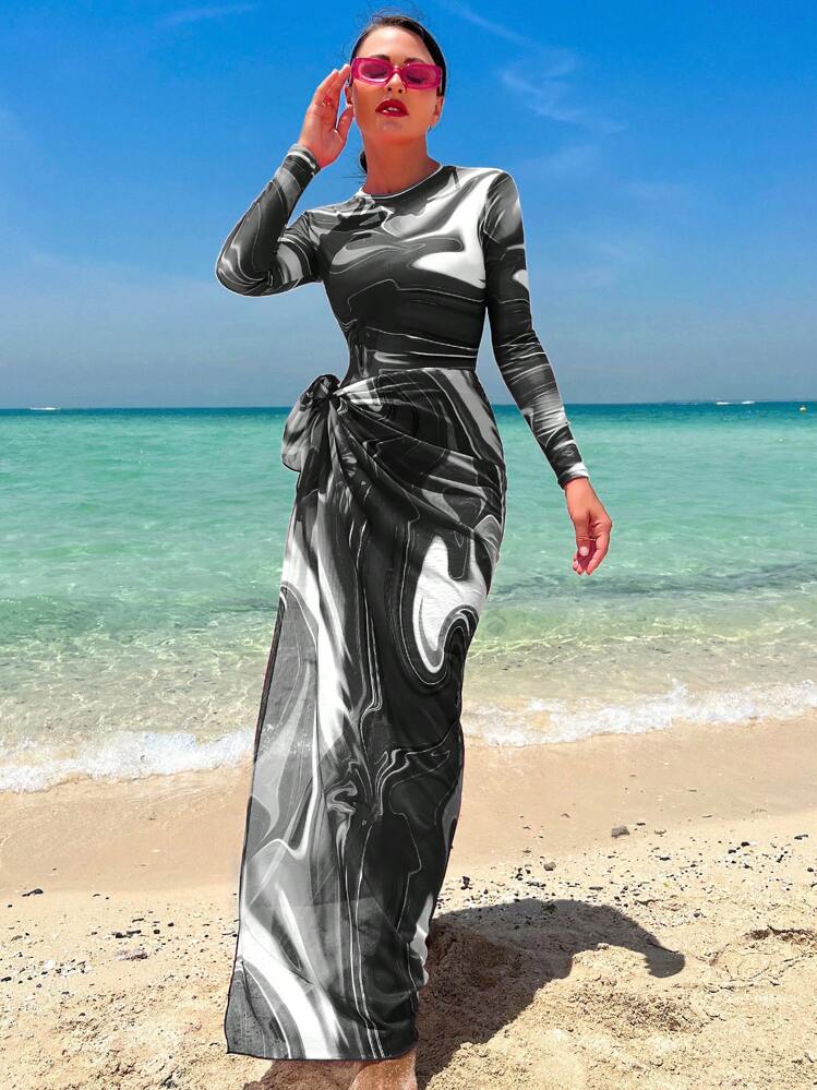 Swim Shayni Allover Print One Piece Swimsuit With Beach Skirt,Summer BeachArabic Clothing - Multicolor - View 1