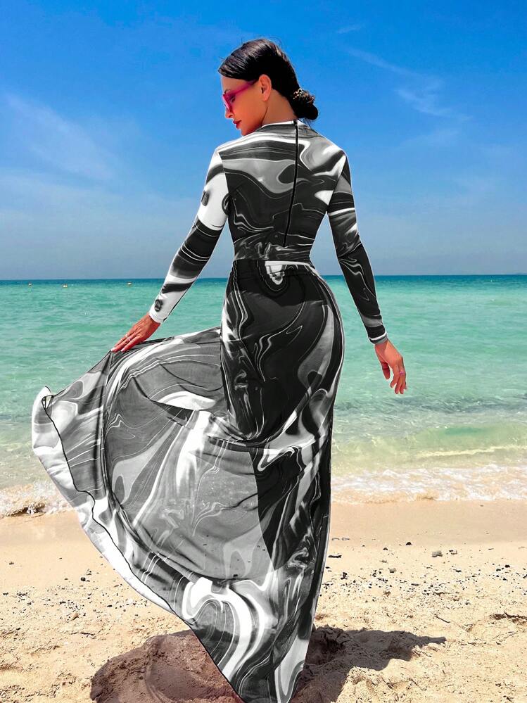 Swim Shayni Allover Print One Piece Swimsuit With Beach Skirt,Summer BeachArabic Clothing - Multicolor - View 2