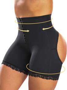 Plus Lace Trim Cut Out Shapewear Shorts - Black - View 1