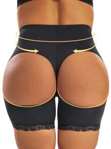 Plus Lace Trim Cut Out Shapewear Shorts - Black - View 2