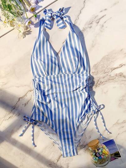 Striped Drawstring Side Halter One Piece Swimsuit, For Summer Beach Vacation