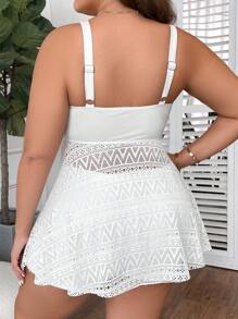 SHEIN Swim Curve Cộng với kích thước dây rút phía trước tương phản ren bơi đầm bãi biển mùa hè - trắng - Xem 2