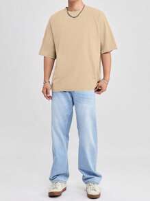 SWAVVY Camiseta suelta de hombre de cuello redondo y hombros caídos de unicolor, de verano - Caqui - Ver 3