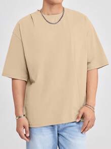 SWAVVY Camiseta suelta de hombre de cuello redondo y hombros caídos de unicolor, de verano - Caqui - Ver 4