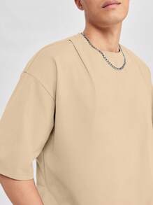 SWAVVY Camiseta suelta de hombre de cuello redondo y hombros caídos de unicolor, de verano - Caqui - Ver 5