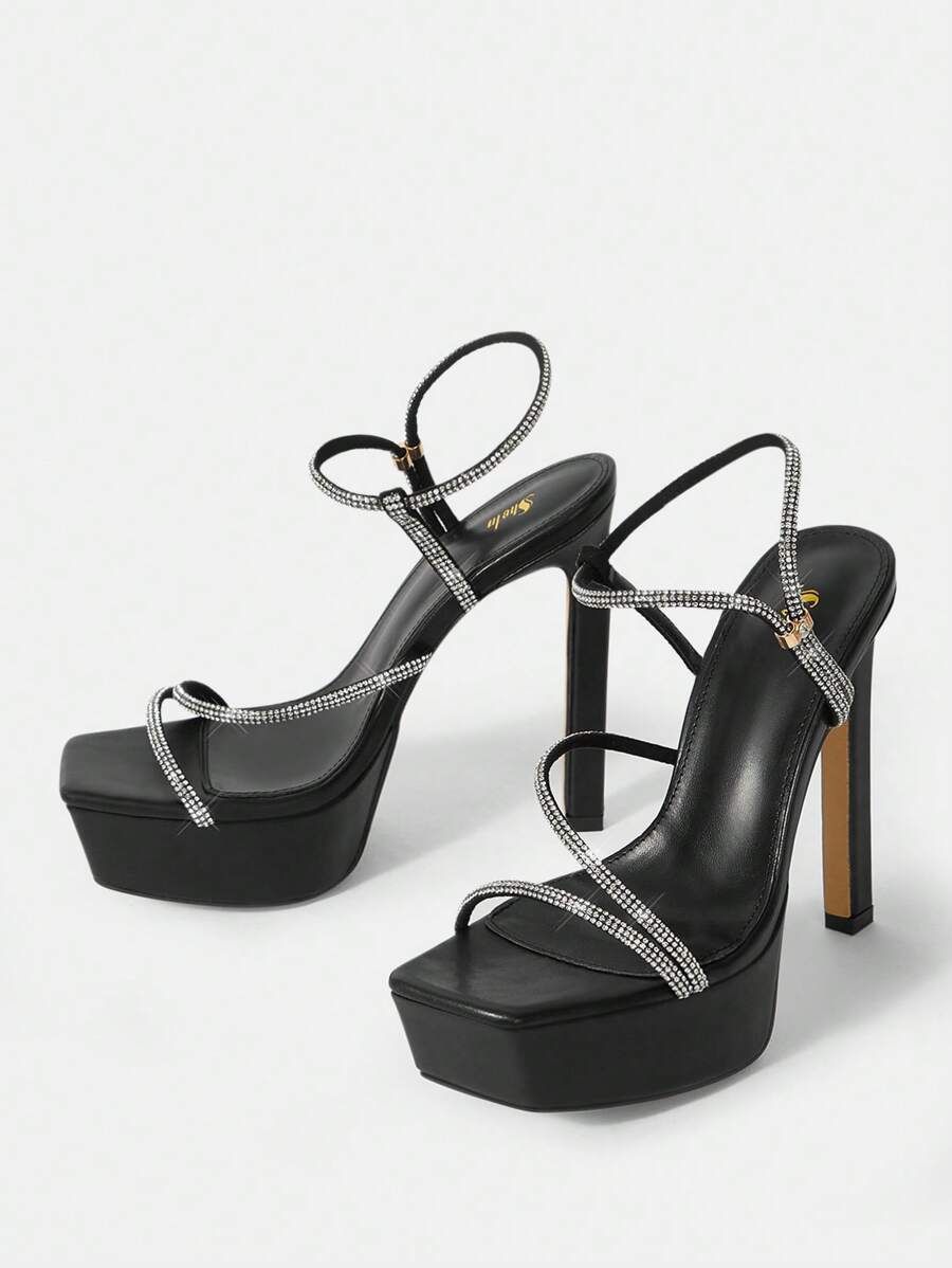 SheIn SXY 女性華麗水鑽裝飾的防水防水台細跟高跟鞋踝帶平底涼鞋適用於戶外運動 - 黑色 - 查看 1