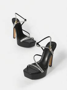 SheIn SXY 女性華麗水鑽裝飾的防水防水台細跟高跟鞋踝帶平底涼鞋適用於戶外運動 - 黑色 - 查看 3