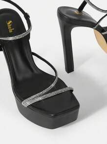 SheIn SXY 女性華麗水鑽裝飾的防水防水台細跟高跟鞋踝帶平底涼鞋適用於戶外運動 - 黑色 - 查看 4