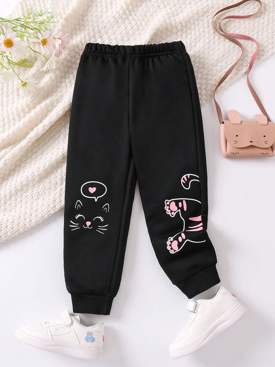 SHEIN 女小童卡通圖案衛褲 - 黑色 - 查看 1