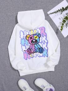 SHEIN 少女熊与字母图案落肩卫衣 - 白色 - 查看 1