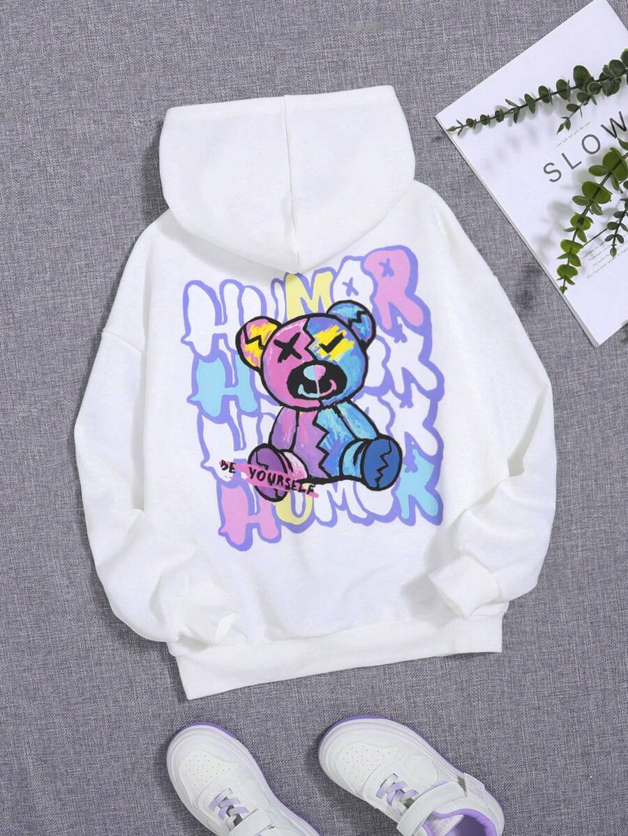 SHEIN 少女熊与字母图案落肩卫衣 - 白色 - 查看 1