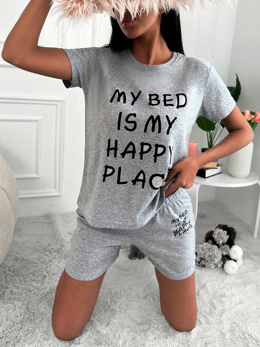 RueChic Slogan Graphic Tee & Shorts PJ Set - Grey - View 1