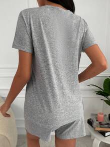 RueChic Slogan Graphic Tee & Shorts PJ Set - Grey - View 2