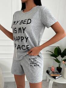 RueChic Slogan Graphic Tee & Shorts PJ Set - Grey - View 3