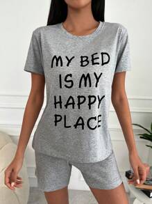 RueChic Slogan Graphic Tee & Shorts PJ Set - Grey - View 4