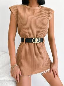 EURMUSE Solid Ribbed Knit Sweater Vest With Belt - Brown - View 1