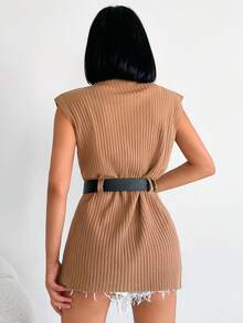 EURMUSE Solid Ribbed Knit Sweater Vest With Belt - Brown - View 2