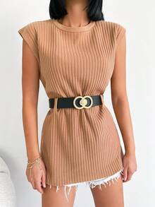 EURMUSE Solid Ribbed Knit Sweater Vest With Belt - Brown - View 4