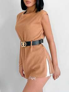 EURMUSE Solid Ribbed Knit Sweater Vest With Belt - Brown - View 5