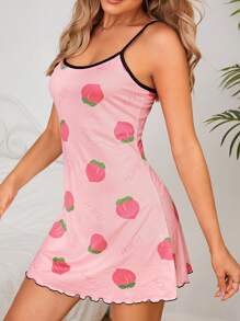 字母&桃子印花木耳邊吊帶睡裙 - 粉色 - 查看 4