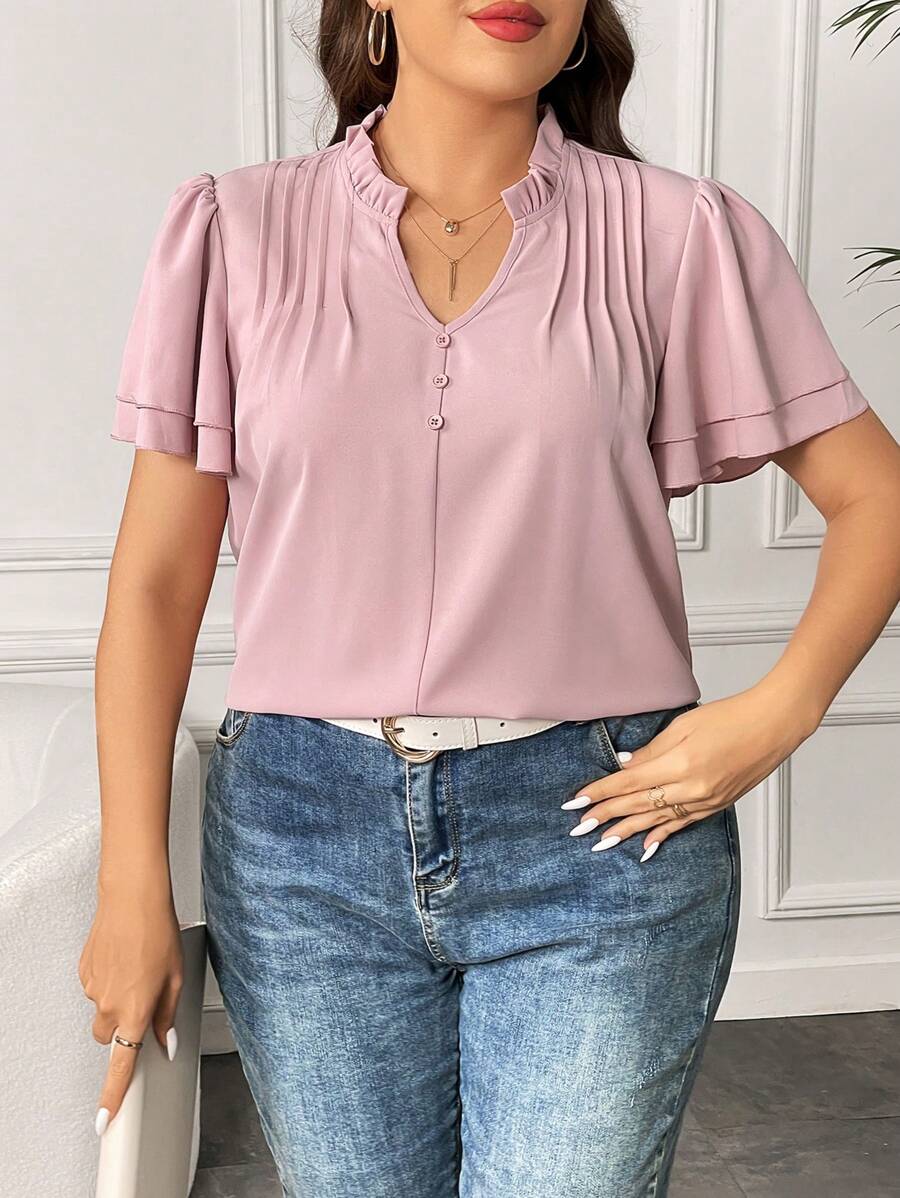 Flirla Plus Notched Neckline Butterfly Sleeve Fold Pleated Detail Blouse - Pink - View 1