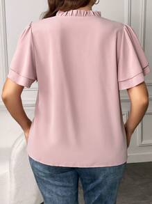 Flirla Plus Notched Neckline Butterfly Sleeve Fold Pleated Detail Blouse - Pink - View 2