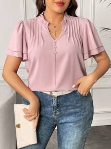 Flirla Plus Notched Neckline Butterfly Sleeve Fold Pleated Detail Blouse - Pink - View 3