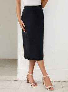 SHEIN Clasi 素色直筒半身裙 - 黑色 - 查看 4