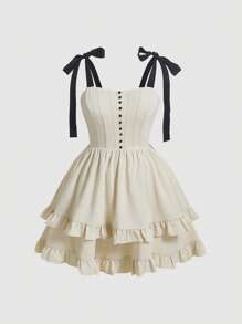 SHEIN MOD Vestido camisero con hombros con lazo y dobladillo con volantes en tallas grandes - Beis - Ver 1