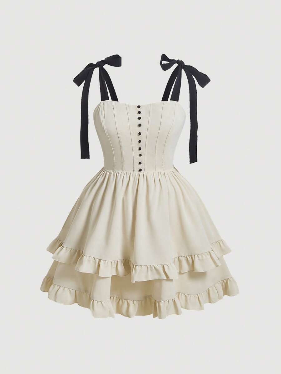 SHEIN MOD Vestido camisero con hombros con lazo y dobladillo con volantes en tallas grandes - Beis - Ver 1