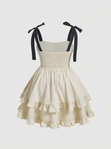 SHEIN MOD Vestido camisero con hombros con lazo y dobladillo con volantes en tallas grandes - Beis - Ver 2