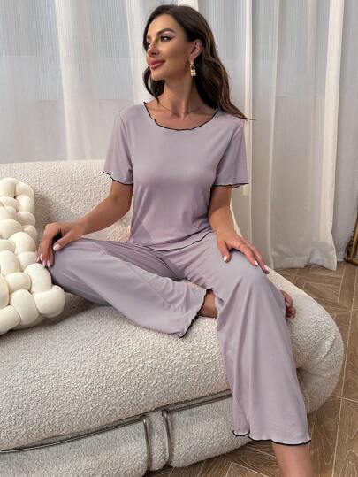 对比色绑带睡衣套装/睡衣套装