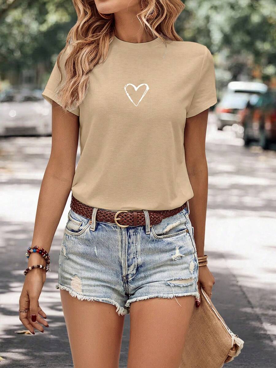 EMERY ROSE In Trái tim Vòng cổ Áo thun - Màu Khaki - Xem 1