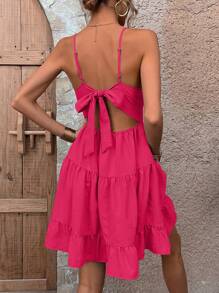 SHEIN Holidaya Vestido de tirantes unicolor bajo con fruncido - Rosa Fucsia - Ver 2