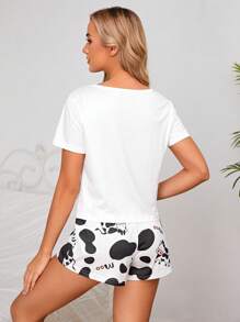 Conjunto de pijama con camiseta y pantalones cortos con estampado de vaca - Blanco - Ver 4