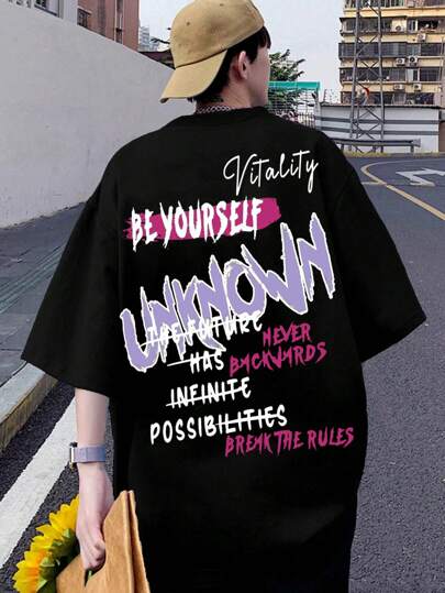 Guys Slogan Graphic Drop Shoulder Tee