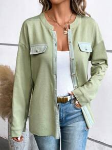 SHEIN LUNE Contrast Trim Drop Shoulder Flap Detail Coat - Green - View 3
