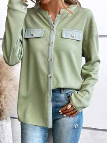 SHEIN LUNE Contrast Trim Drop Shoulder Flap Detail Coat - Green - View 4