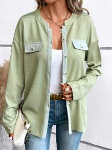 SHEIN LUNE Contrast Trim Drop Shoulder Flap Detail Coat - Green - View 5