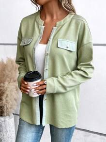 SHEIN LUNE Contrast Trim Drop Shoulder Flap Detail Coat - Green - View 6