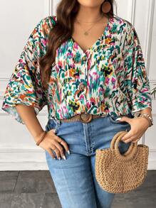 SHEIN Clasi Plus Allover Print Batwing Sleeve Blouse - Multicolor - View 1